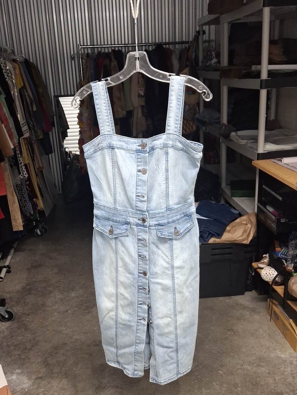 Light Wash Denim Overall Dress with Button Front